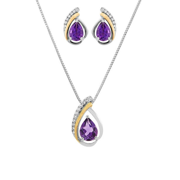 Yellow Gold Flashed Sterling Silver  Amethyst & White Topaz Oval and X Necklace 